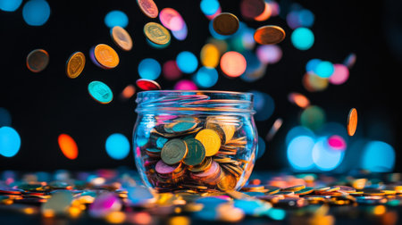 A vibrant image of colorful coins falling into a clear glass jar, capturing the excitement and joy of saving money for future needs.の素材