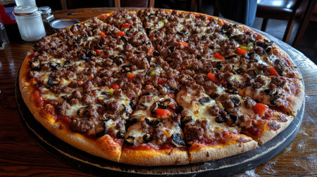 A top-down shot of a pizza with a variety of toppings like sausage, mushrooms, and bell peppers, set on a round wooden pizza board with scattered flour.の素材