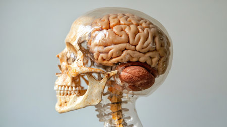 A transparent overlay of a human skull with a detailed view of the brain inside, showcasing the relationship between the brain and the skeletal structure.の素材