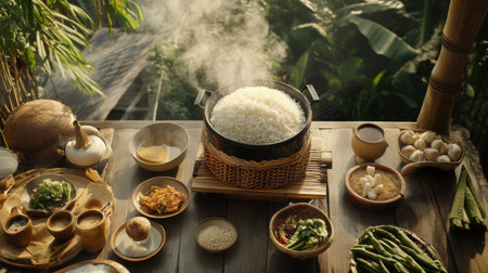 A view of a traditional Thai rice cooker steaming fragrant jasmine rice, with surrounding dishes and ingredients prepared for a family meal.の素材