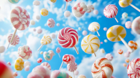 A whimsical image of a candy explosion with colorful candies flying in the air, capturing a sense of joy and energy that sweets can bring to celebrations.の素材