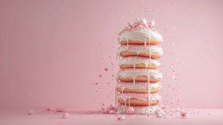 A creative composition of a donut tower stacked high, with sprinkles and icing dripping down the sides, creating a playful and indulgent dessert display.の素材