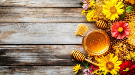 A close-up of a glass jar filled with golden honey, with a honey dipper resting beside it, surrounded by honeycomb and fresh flowers on a rustic wooden table.の素材