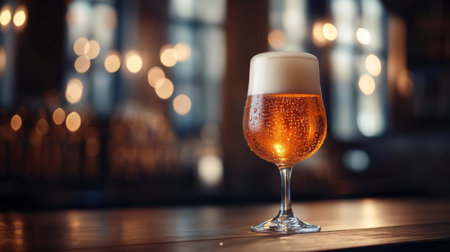 A close-up of a tall glass of golden beer with a frothy head, condensation on the glass, set on a wooden bar with a warm bokeh light in the background.の素材