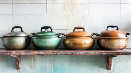 A collection of Thai cooking pots and pans arranged neatly on a shelf, showcasing the variety of cookware used in traditional Thai cuisine.の素材