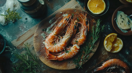 A delicious serving of grilled shrimp on a wooden board, with a side of garlic butter and herbs, emphasizing the mouthwatering flavors of the dish.の素材