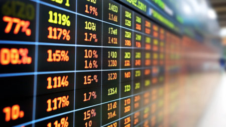 A digital display of stock prices and trading volume on a large screen, emphasizing the intensity and excitement of the trading environment.の素材
