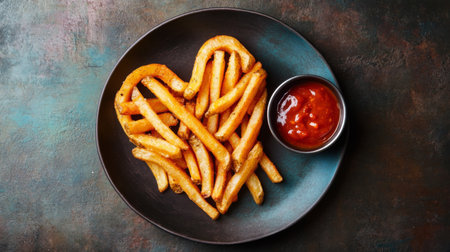 A creative view of French fries shaped like a heart, served with a side of spicy dipping sauce, adding a fun and romantic twist to a classic comfort food.の素材