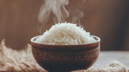 A close-up of perfectly cooked white rice, with gentle steam visible, served in a small ceramic bowl placed on a rustic wooden table for a cozy and simple meal setting.の素材
