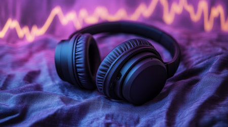 A high-quality set of headphones resting on a soft fabric surface, with sound waves visually represented in the background, symbolizing audio quality.の素材
