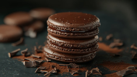 A group of chocolate macarons with a glossy finish, stacked on a dark slate surface, surrounded by cocoa powder and chocolate shavings for a rich, decadent look.の素材