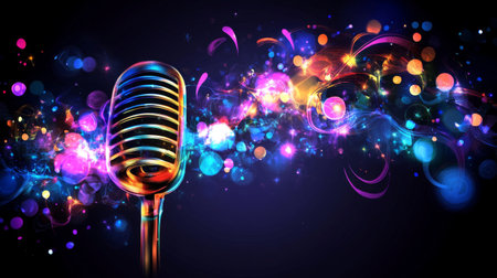 An abstract image of a microphone with swirling colors and lights, creating a vibrant atmosphere that symbolizes energy and creativity in musicの素材
