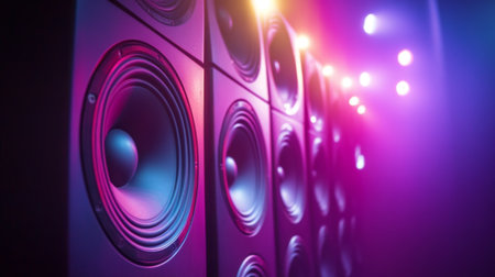 A captivating shot of speakers arranged in a row at a live concert, illuminated by colorful stage lights, capturing the energy and excitement of a performanceの素材