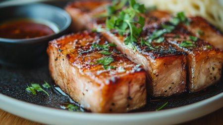 A beautiful close-up of roasted pork belly served on a plate, garnished with herbs and accompanied by a dipping sauce, highlighting its rich textureの素材
