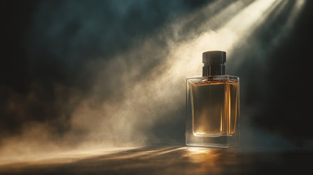 A captivating scene of perfume mist gracefully diffusing in the air, with shimmering droplets catching the light, embodying the allure of fragranceの素材