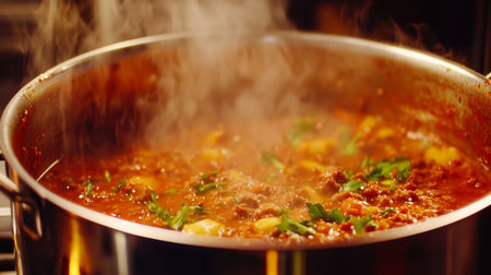 A close-up shot of a rich, savory bolognese sauce simmering in a pot, showcasing the vibrant colors of tomatoes, herbs, and ground meat, perfect for pasta dishesの素材