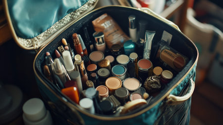A close-up view of a makeup bag overflowing with cosmetics, showcasing a vibrant array of products and tools, evoking a sense of creativity and funの素材