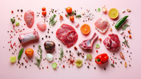 A creative flat lay of various types of fresh meat, including beef, pork, and chicken, alongside colorful vegetables and spices, arranged for a vibrant presentationの素材