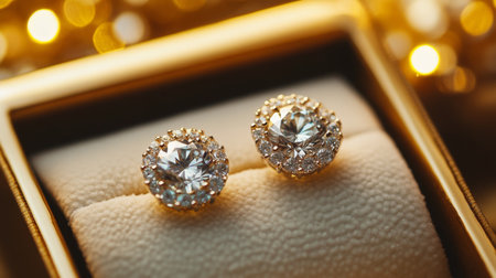 A beautiful image of diamond earrings nestled in a luxurious jewelry box, with soft lighting that accentuates their sparkle and showcases their eleganceの素材