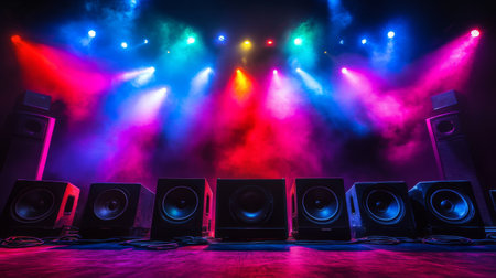 A captivating shot of speakers arranged in a row at a live concert, illuminated by colorful stage lights, capturing the energy and excitement of a performanceの素材