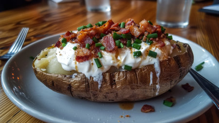 An appealing shot of a loaded baked potato topped with crispy bacon bits, sour cream, and chives, highlighting the deliciousness of this comfort foodの素材