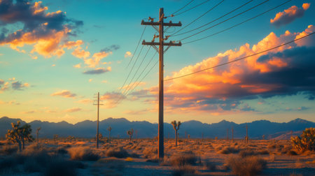An isolated utility pole in a barren landscape, emphasizing its role in providing power amidst a vast, open environment with dramatic lightingの素材
