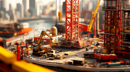 A close-up shot of a construction site with machinery, scaffolding, and unfinished structures, showcasing the scale and complexity of engineering projectsの素材