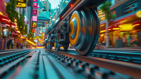 A close-up of a trains wheels on the tracks, showcasing the engineering and mechanics of rail transportation in a vibrant urban settingの素材