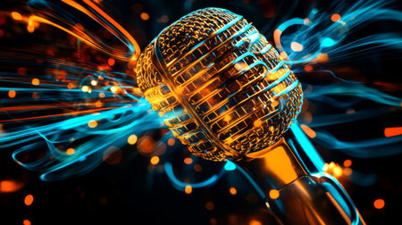 An abstract image of a microphone with swirling colors and lights, creating a vibrant atmosphere that symbolizes energy and creativity in musicの素材