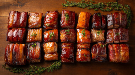 A creative flat lay of various pork belly dishes, including grilled, braised, and stir-fried options, arranged artistically on a wooden tableの素材