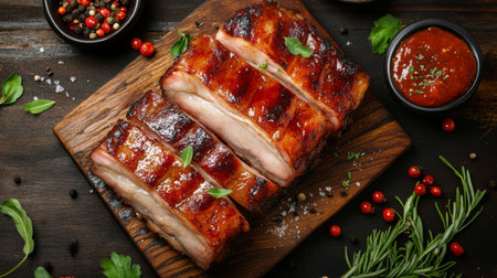 A creative flat lay of various pork belly dishes, including grilled, braised, and stir-fried options, arranged artistically on a wooden tableの素材