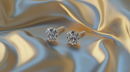 A luxurious display of diamond stud earrings set against a backdrop of soft satin fabric, highlighting the brilliance and timeless elegance of the jewelryの素材
