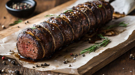 A captivating shot of freshly cut beef tenderloin wrapped in butcher paper, placed on a wooden table, with herbs and spices sprinkled around for flavorの素材
