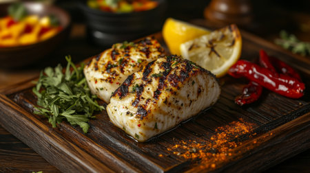 A close-up shot of grilled fish fillets seasoned with herbs and spices, served on a wooden board alongside fresh vegetables and a wedge of lemonの素材