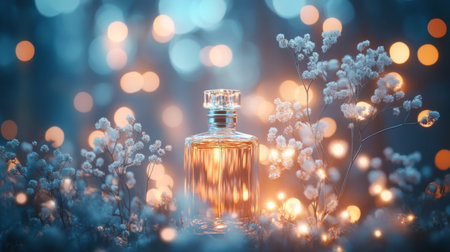 A soft-focus shot of a perfume bottle with a floral backdrop, highlighting the connection between fragrance and nature, creating a romantic ambianceの素材