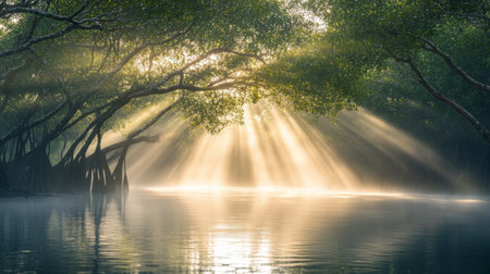 A peaceful scene of a mangrove forest during the early morning, with mist rising from the water and sunlight breaking through the tree canopyの素材