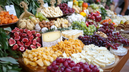 A stunning arrangement of various types of Italian cheeses, including Parmigiano-Reggiano and Gorgonzola, accompanied by fresh fruits and nuts for an exquisite pairingの素材