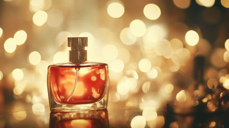 A soft-focus image of a perfume bottle with a sprayer, surrounded by dreamy bokeh lights, creating an enchanting atmosphere of fragrance and allureの素材