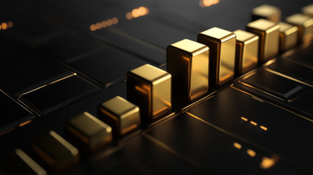 D bar graph with gold bars, representing financial success, dark luxury backgroundの素材