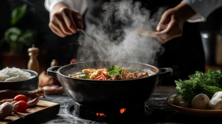 An artistic image of a chef serving a hot pot of  from a traditional Thai clay pot, with aromatic steam rising and fresh ingredients visible.の素材
