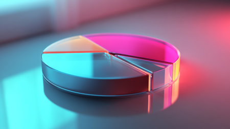 D pie chart with translucent glass segments, glowing edges, and soft shadows on a reflective surfaceの素材