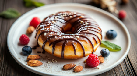 An artistic shot of a donut with a drizzle of caramel or icing, placed on a white plate with a few nuts or fruits around, highlighting the desserts richness.の素材