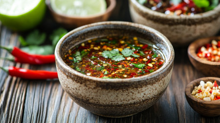 A close-up of a chili dipping sauce made with fish sauce, lime, and chopped chilies in a small ceramic bowl, placed on a wooden table with other Thai condiments.の素材