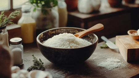 A close-up of a bowl of coarse cooking salt with a wooden spoon, placed on a rustic kitchen counter next to other cooking ingredients.の素材