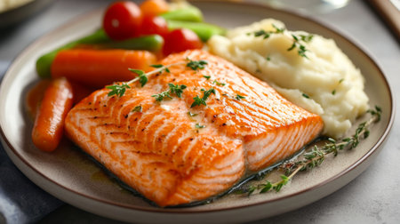 A beautifully plated salmon dish with a side of creamy mashed potatoes and seasonal vegetables, garnished with herbs and served in an elegant dining setting.の素材
