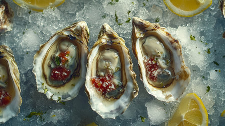 An artistic shot of fresh oysters on the half shell, garnished with lemon slices, cocktail sauce, and a sprinkle of herbs, presented on a bed of crushed ice.の素材