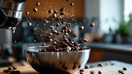 An artistic shot of coffee beans being poured into a grinder, captured mid-motion with the beans frozen in the air, contrasting against a modern kitchen backdrop.の素材