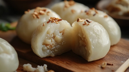 A close-up of freshly steamed  with a soft, fluffy texture and a bite taken out to reveal the delicious filling, placed on a wooden serving board.の素材