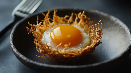 A close-up shot of a single serving of  with crispy edges and a golden yolk, placed on a small plate with a fork ready to enjoy the flavorful dish.の素材