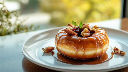 An artistic shot of a donut with a drizzle of caramel or icing, placed on a white plate with a few nuts or fruits around, highlighting the desserts richness.の素材